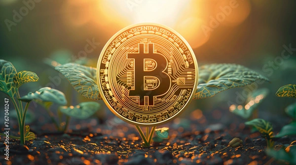 Fototapeta Bitcoin plant sprouting from the earth with golden sunset in the background, eco-friendly green cryptocurrency concept
