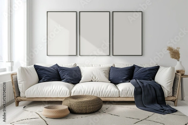 Obraz Mock up of a poster set on a white wall over a sofa with navy blue cushions. Wall art mockup set of 3 frames in a modern living room.