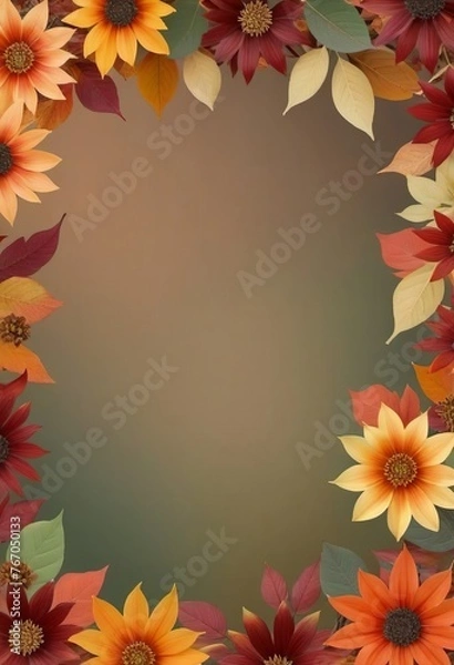 Fototapeta Autumn flowers and leaves yellow red brown, frame, pattern, copy space, banner.