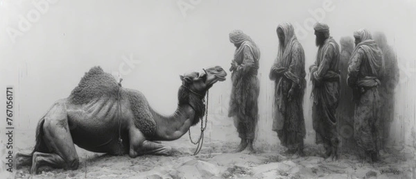 Fototapeta a a lot of people standing around a camel