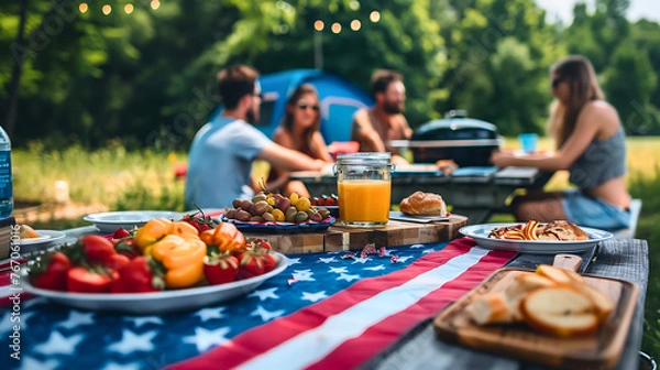 Fototapeta A relaxed Labor Day picnic setting with an American flag tablecloth, people enjoying food and company. 
