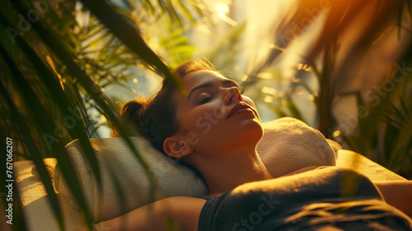 Fototapeta A woman lies on her back with her eyes closed and enjoys spa treatments. Relaxo, thalassotherapy, Rest, relaxation, recovery.