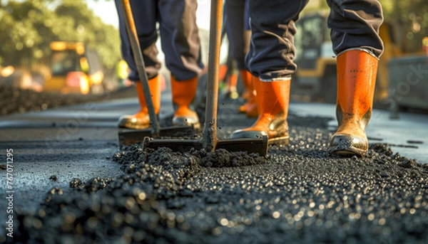 Fototapeta Men working on the highway. Asphalt paving. Men working.