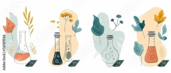Fototapeta Isolated modern illustration of 6 Chemistry test tubes, different shapes flasks. Collection of Hand drawn bulb and bubble liquid.