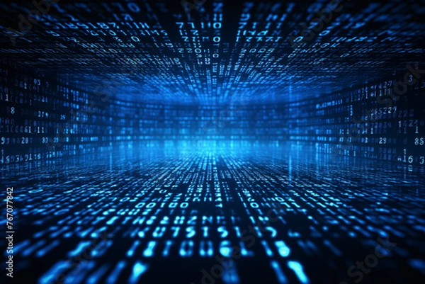 Fototapeta Blue digital code matrix with rows and columns of numbers and letters perspective on dark background