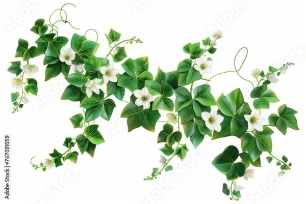 Fototapeta Green creeper plant with spring flowers isolated on white background, digital botanical illustration
