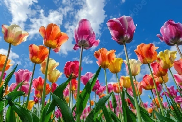 Fototapeta Multicolored tulips against a blue sky