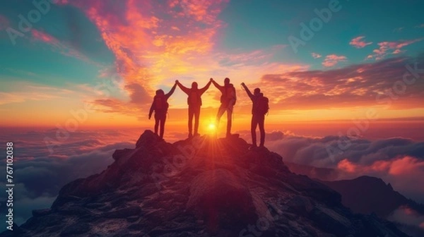Fototapeta Silhouette back group of man team celebrating success on top mountain, sky and sunset background. Business, teamwork, achievement and person concept. Vector illustration.