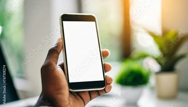 Fototapeta Mobile Phone for Mockup - Mobile Phone held by Hand in an Office or Cafe Environment - Template for Application Presentation