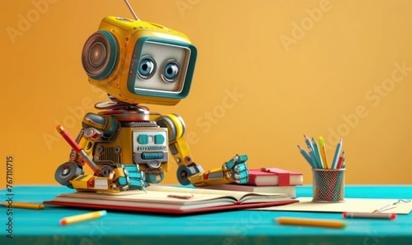 Fototapeta Vintage robot with notebook and pencils on wooden table over yellow background