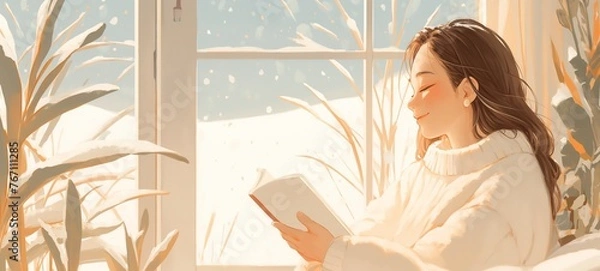 Fototapeta woman reading book at winter time, happy reading concept, artful minimal style cartoon illustration with grungy noise texture, Ai Generated