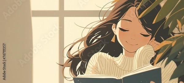 Fototapeta woman reading book at winter time, happy reading concept, artful minimal style cartoon illustration with grungy noise texture, Ai Generated