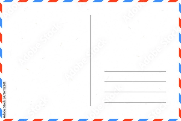 Obraz blank postcard template with place for stamp. white paper texture. airmail postcard with red and blue border
