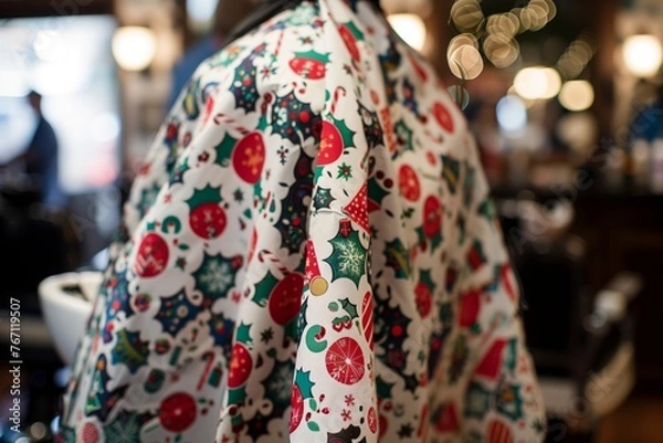 Fototapeta client draped with a holiday patterned barber cape