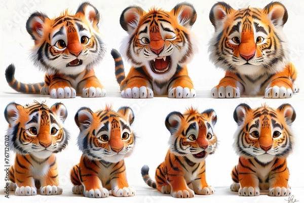 Fototapeta #Set emoji baby #tigers with white background. Very funny and colorful, image 2D