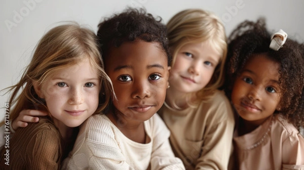 Fototapeta Cheerful children of different ethnicities in diversity photo shoot on soft color background.