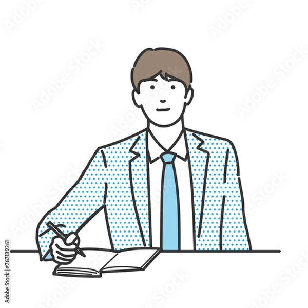 Obraz 書類を書いているビジネスマンのイラスト　白バック、白背景、背景なしのベクター素材