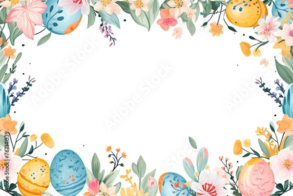 Fototapeta easter frame decorated with colourful easter eggs and flowers, digital illustration, Generative AI