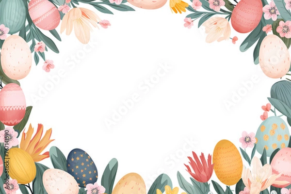 Fototapeta easter frame decorated with colourful easter eggs and flowers, digital illustration, Generative AI