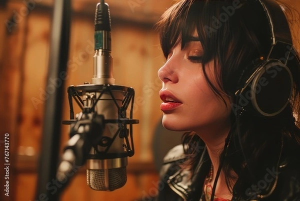 Fototapeta A portrait of a female singer recording live at the microphone in a studio
