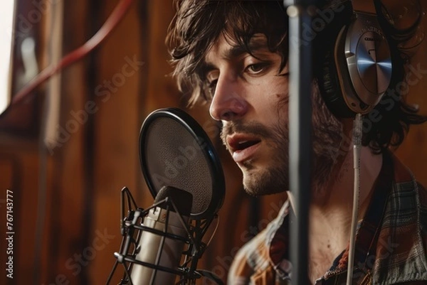 Fototapeta A portrait of a singer recording live at the microphone in a studio