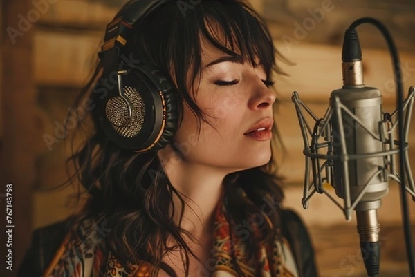 Fototapeta A portrait of a female singer recording live at the microphone in a studio