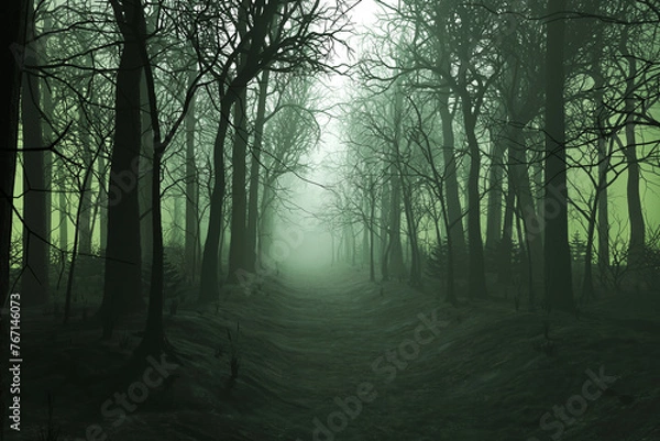 Fototapeta Enigmatic Twilight: Mist-Enshrouded Forest Path Amidst Twisted Trees