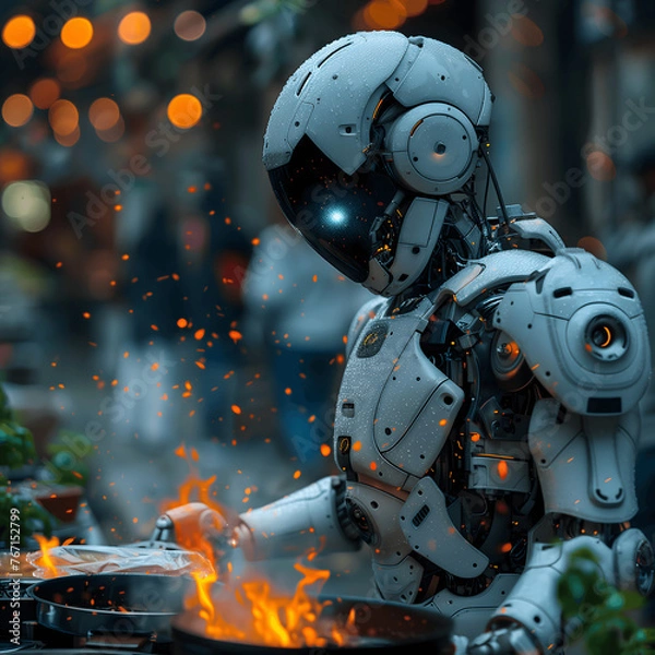 Obraz Humanoid robot works in the kitchen