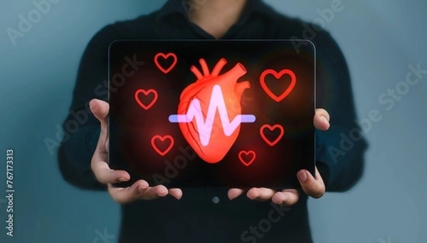Fototapeta A person is holding a tablet with a heart on it and a heart symbol. The heart symbol is surrounded by other hearts, and the tablet is glowing red. Concept of Heart medical healthcare.