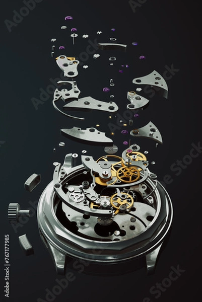 Obraz Intricate Exploded View of Mechanical Watch Components on Dark Background