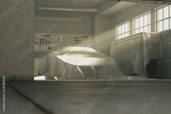 Fototapeta Dusty Garage: Mysterious Aura Surrounding a Covered Vintage Car