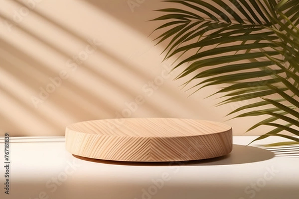 Fototapeta An elegent wooden podium on a table with sunlight from a window