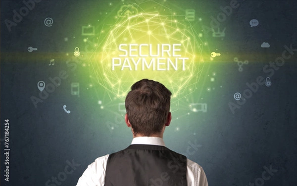 Fototapeta Rear view of a businessman, online security concept