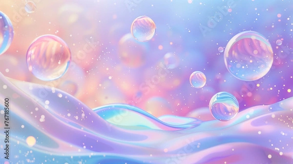 Fototapeta Pastel Gradient Holographic Neon Background. Abstract Hologram Dots, Balls, Spheres, Waves in Liquid Motion Wallpaper.