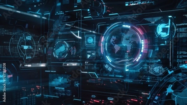 Fototapeta A computer monitor displays a blue and red globe with a red dot in the middle. The globe is surrounded by a number of other smaller globes, each with a different color. Scene is one of technology