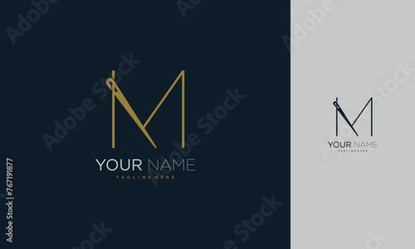 Fototapeta Initial letter M sewing logo formed from thread and needle with gold colour