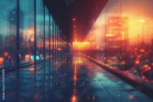 Fototapeta blurred abstract background inside a glass building with panoramic windows in perspective against the background of evening sunset and city lights, business concept