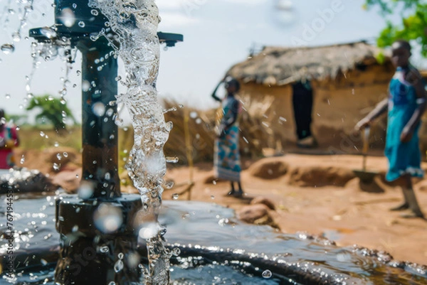 Obraz A village receiving clean water through a well, emphasizing the importance of access to safe drinking water