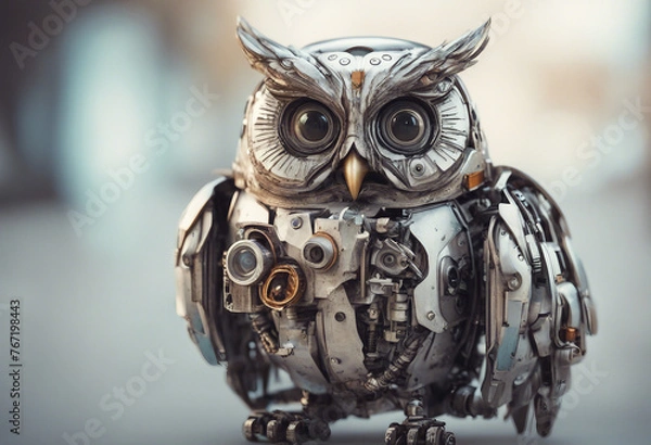 Fototapeta Charming owl robot robotic bird isolated over white background