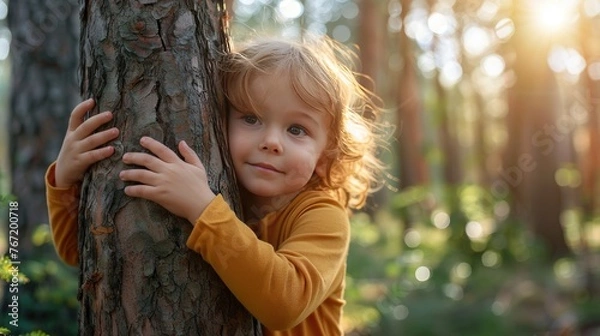 Fototapeta A little girl in a yellow sweater hugging a tree in a sunlit forest, symbolizing love for nature
