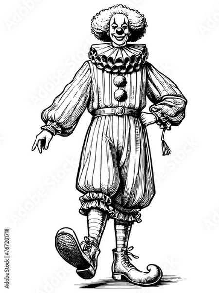 Obraz Full length clown, dressed actor in makeup. Sketch board imitation. Vector, generative ai.