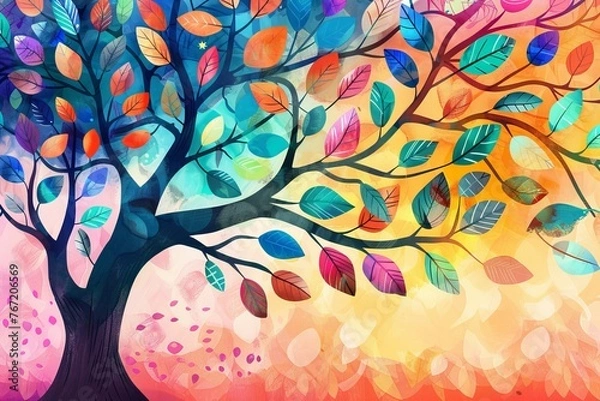 Obraz Colorful tree with leaves on hanging branches illustration background. 3d abstraction wallpaper . Floral tree with multicolor leaves