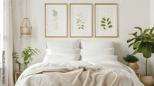 Fototapeta A serene bedroom with gold frame mockups displaying botanical prints.