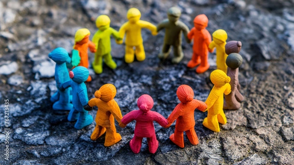 Fototapeta Plasticine men stand in a circle holding hands. Displaying friendship and love