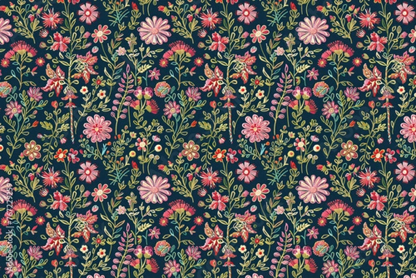Fototapeta Romantic Floral Embroidery. Seamless Pattern. Fabric Printing. Scrapbooking. Arts and Crafts. Background image. Created with Generative AI technology.