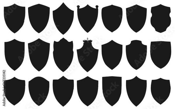 Fototapeta Shields of different shapes. Black armour shield signs isolated, award shape emblems, heraldic knights badges patch vector set