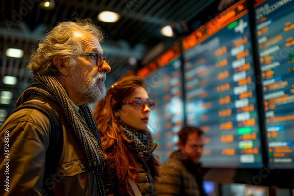 Fototapeta Travelers gazing at the departure board for flight information - Explore flight options at the airport.