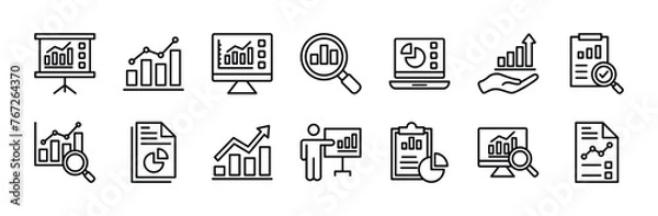 Fototapeta Data analytics thin line icon vector set. Statistical science data information. Containing financial profit graph, database, statistics, chart, presentation, performance. Review results documents
