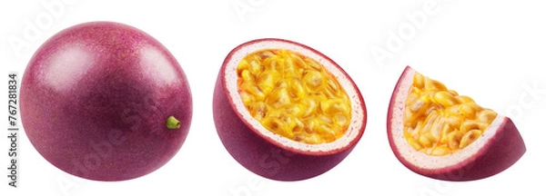 Fototapeta Set of whole passion fruit, half and slice of passion fruit isolated on a transparent background.