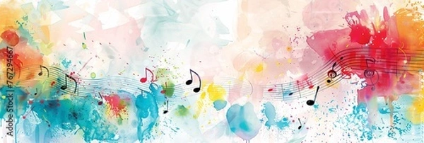 Obraz a music-themed background with musical notes and watercolor splashes